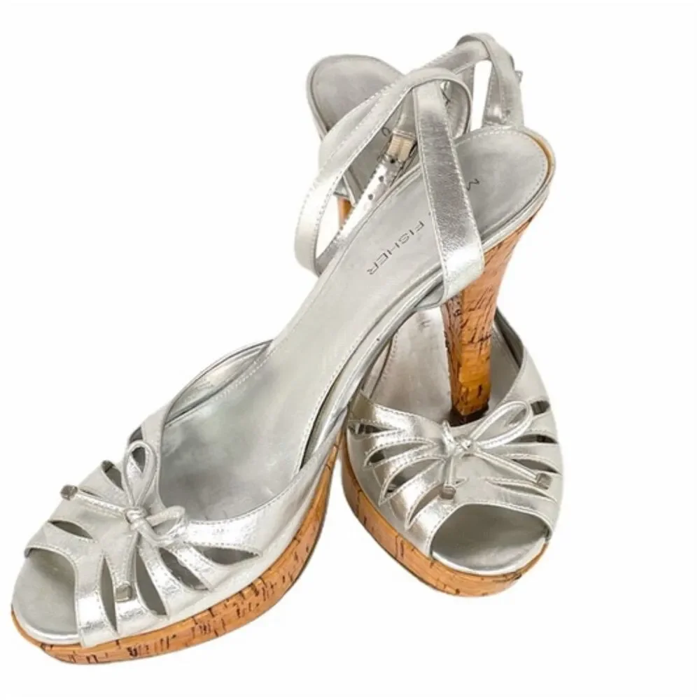Marc Fisher Silver Metallic Women's Strappy Cork Platform Heels Size‎ 10